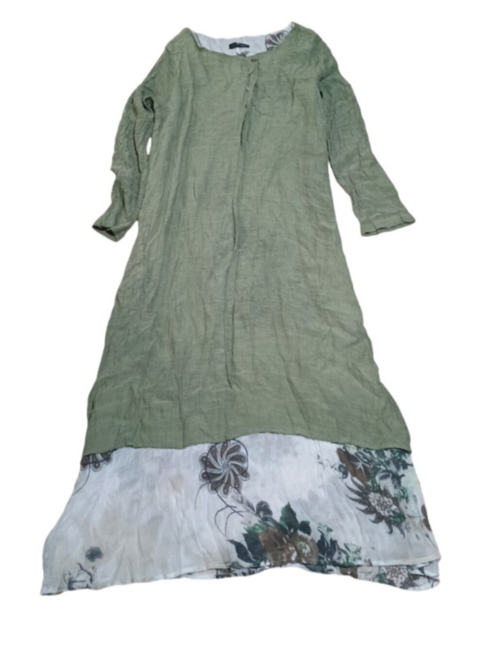 Emory Rose Sage Green Linen-Blend Maxi Dress with Floral Hem NWT